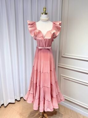 Designer Elegant Pink Ruffled Tiered Maxi Dress